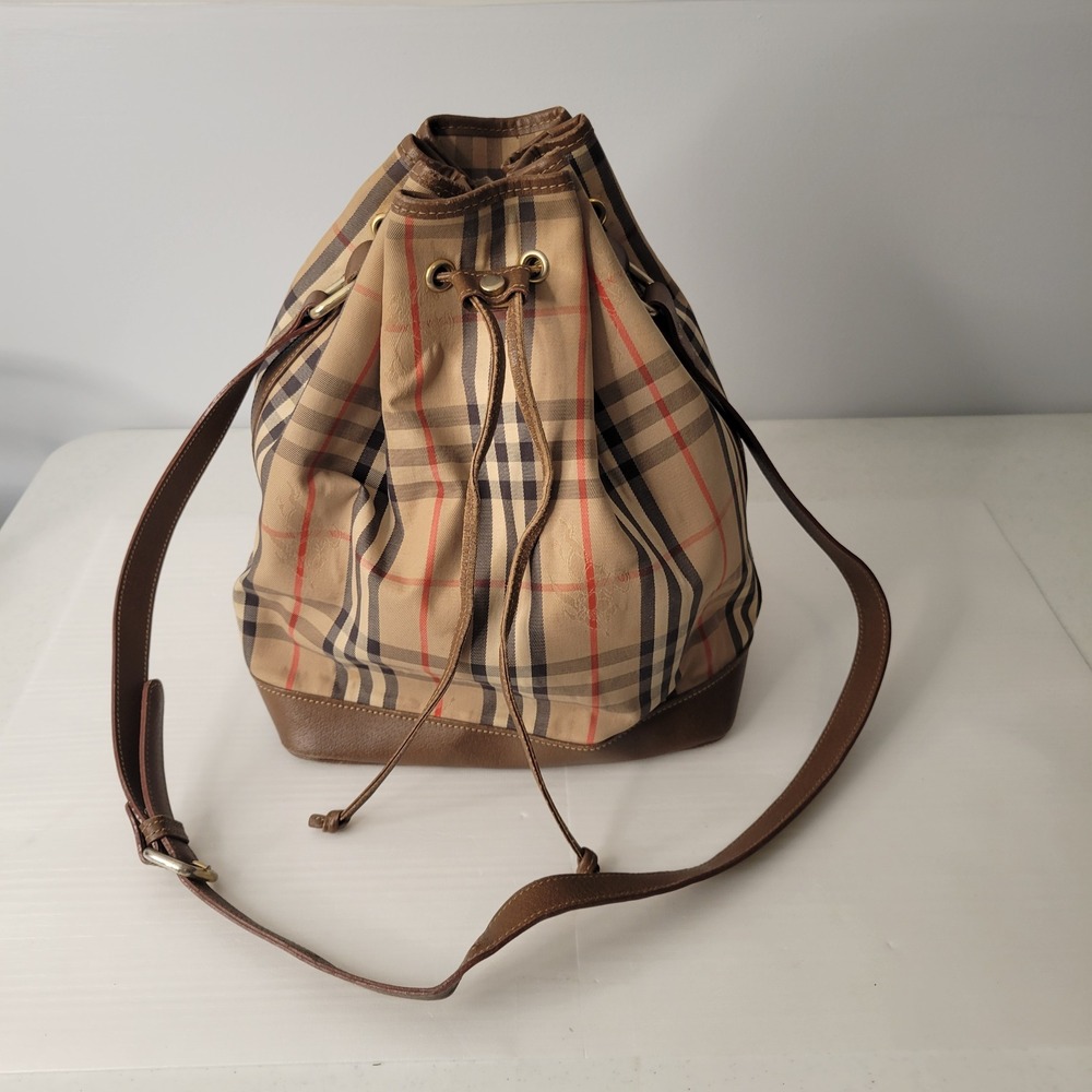 Burberry Bucket Bag Womens Brown Nova Check Vintage Drawstring Leather Trim